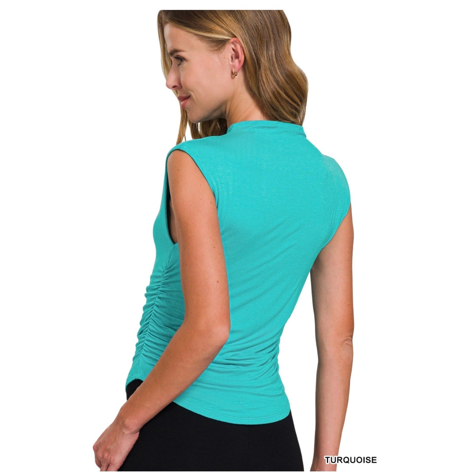 Zenana - Double Layered Ruched Side Mock Neck Top - Large - Image 4