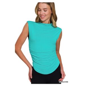 Zenana - Double Layered Ruched Side Mock Neck Top - Large