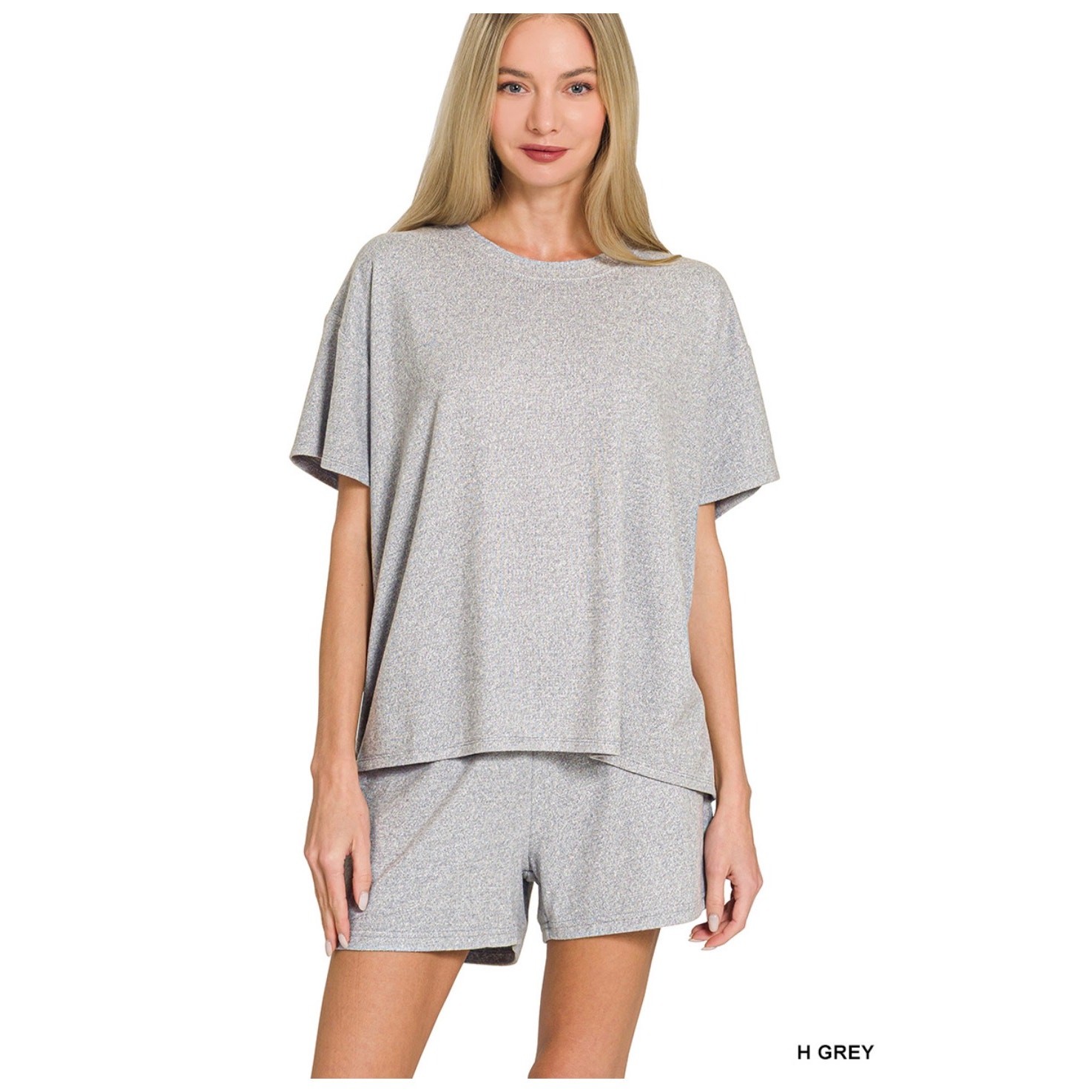 Zenana - Soft Melange Short Sleeve Tee & Shorts Set - Small