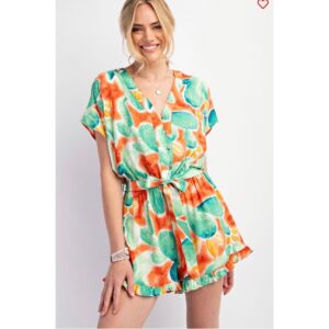 Easel - Tropical Challis Tie Waisted Romper - Small
