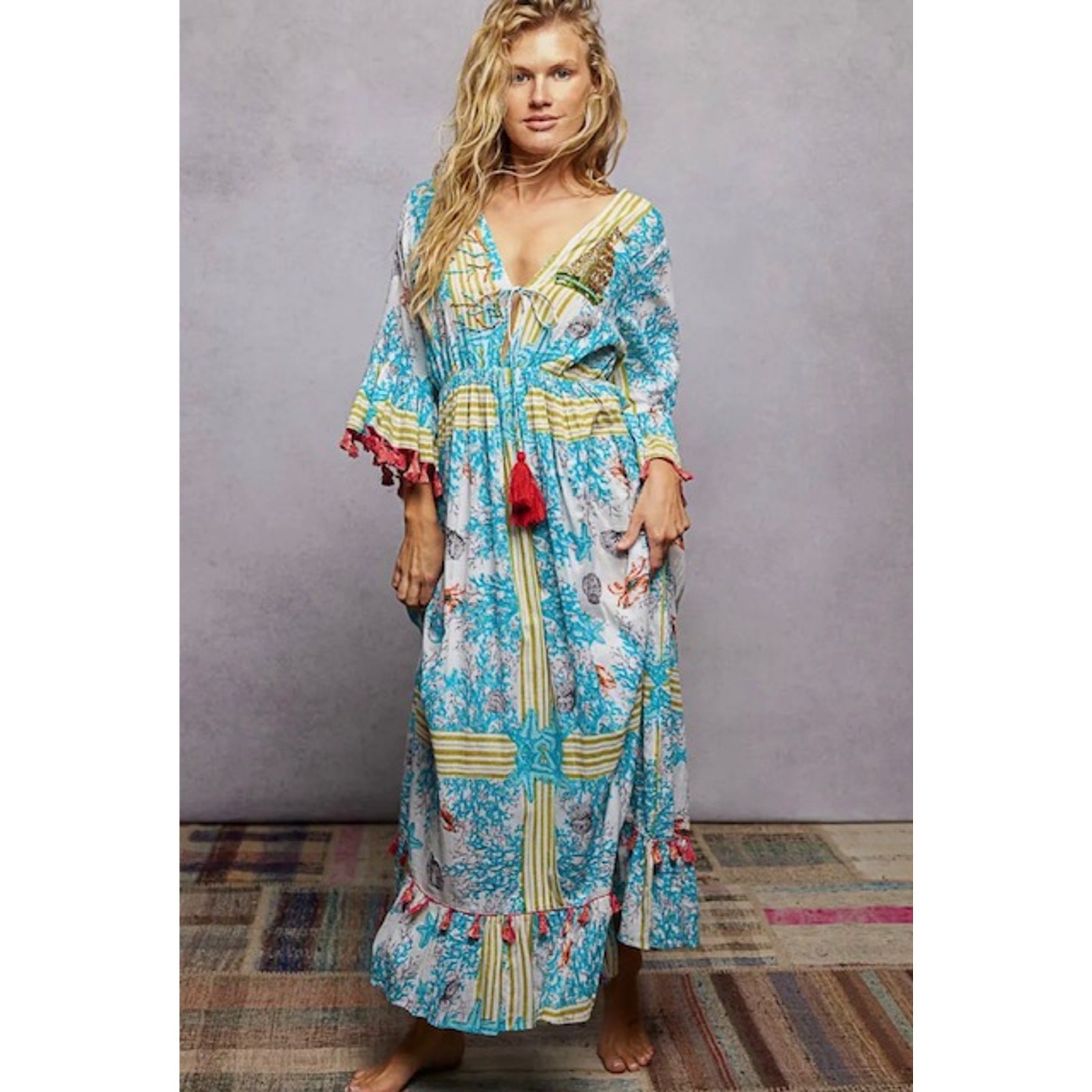 POL - Beach Inspired Pattern Ruffle Sleeve Tassel Maxi Dress - Medium - Image 3