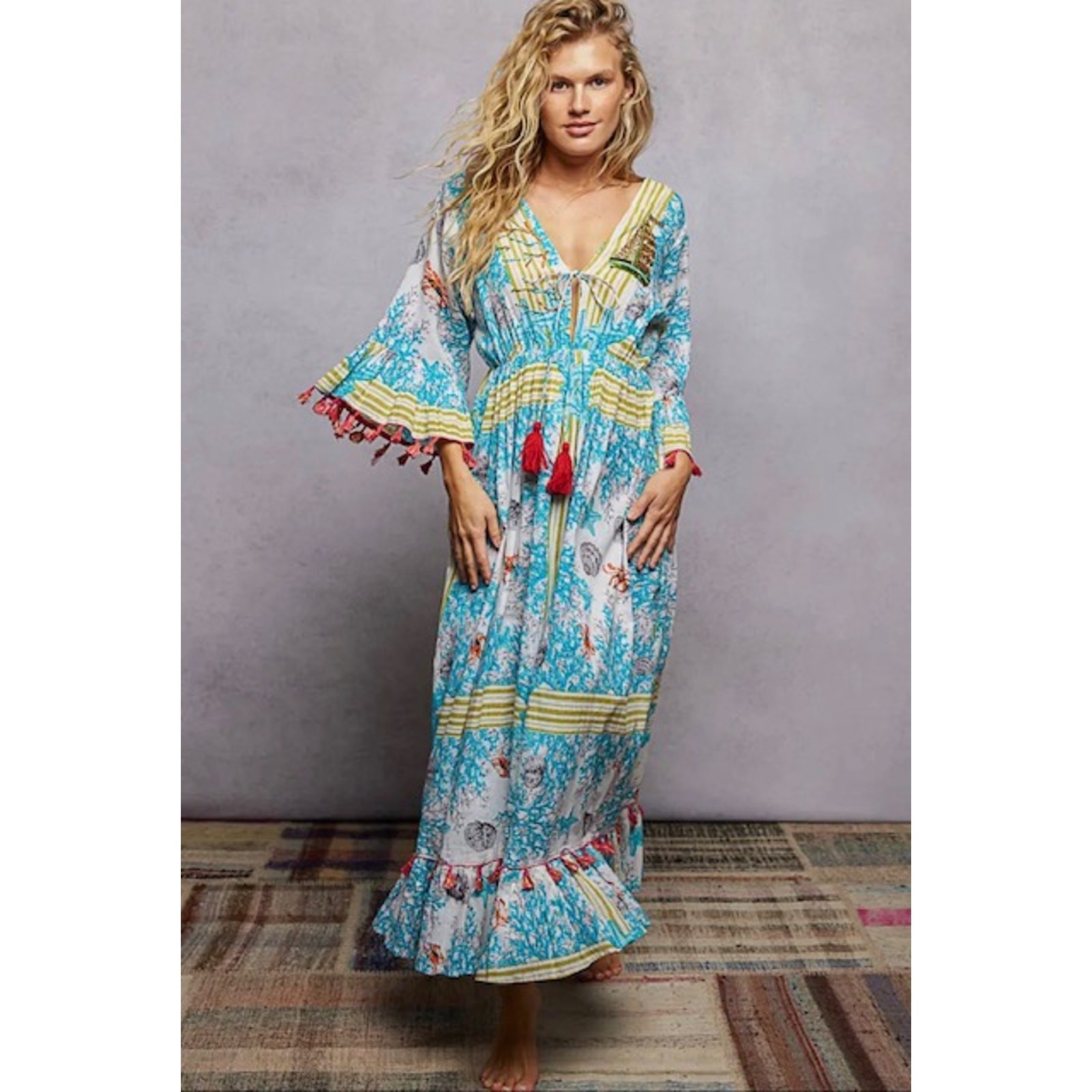 POL - Beach Inspired Pattern Ruffle Sleeve Tassel Maxi Dress - Medium - Image 4