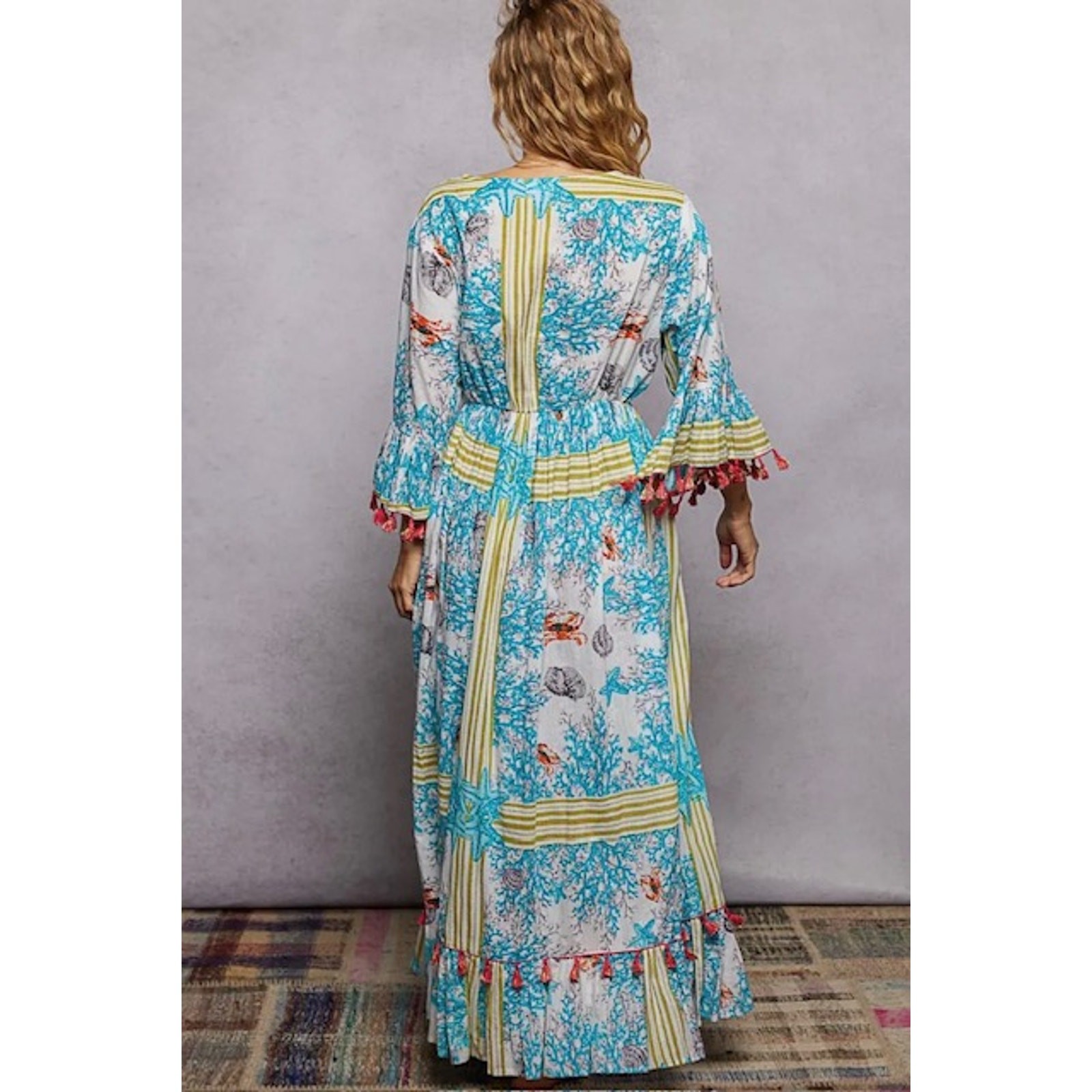 POL - Beach Inspired Pattern Ruffle Sleeve Tassel Maxi Dress - Medium - Image 6