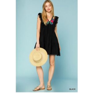 UMGEE - Embroidery Pom Pom Trim Ruffle Hem Dress - Small