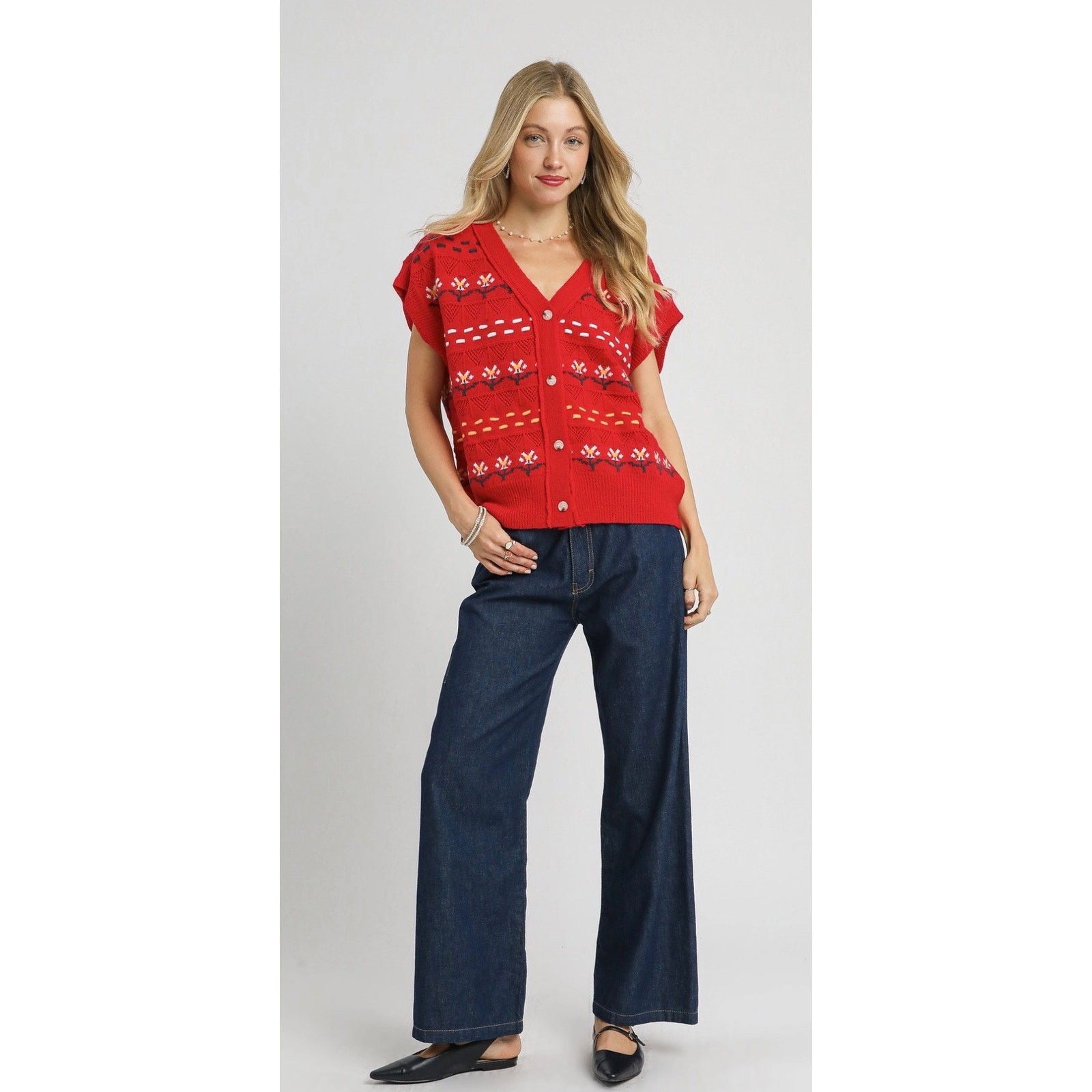 Umgee - Button Down Knit Vest with Floral Pattern - Large - Image 3