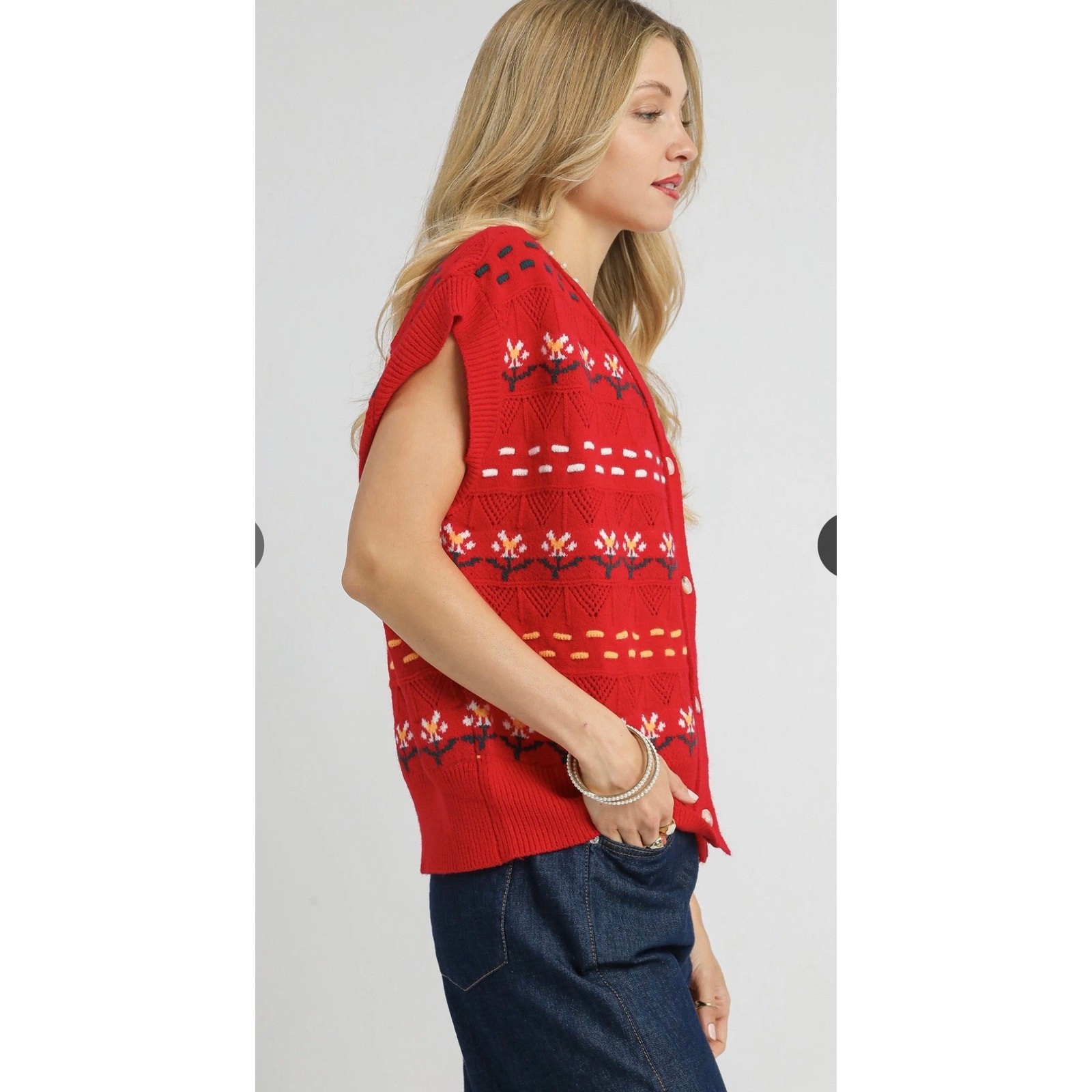 Umgee - Button Down Knit Vest with Floral Pattern - Small - Image 4