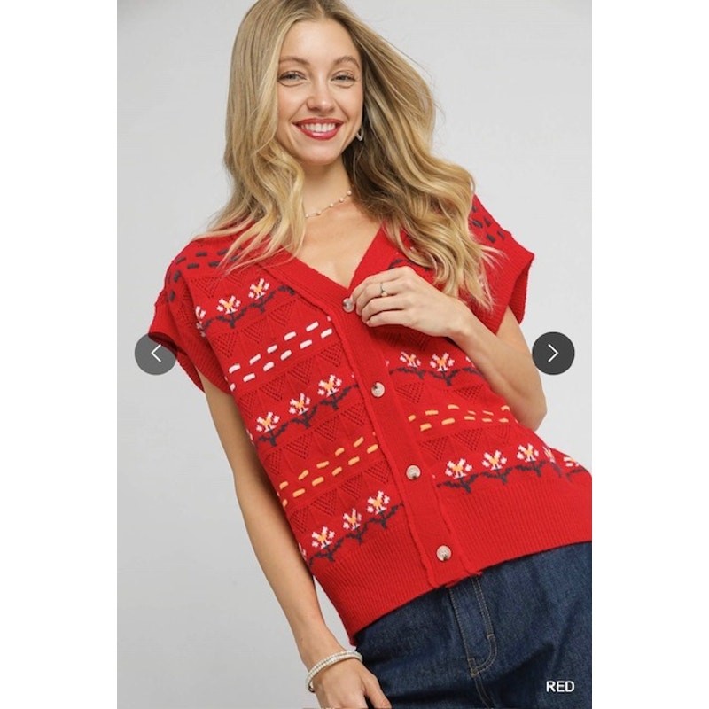 Umgee - Button Down Knit Vest with Floral Pattern - Small