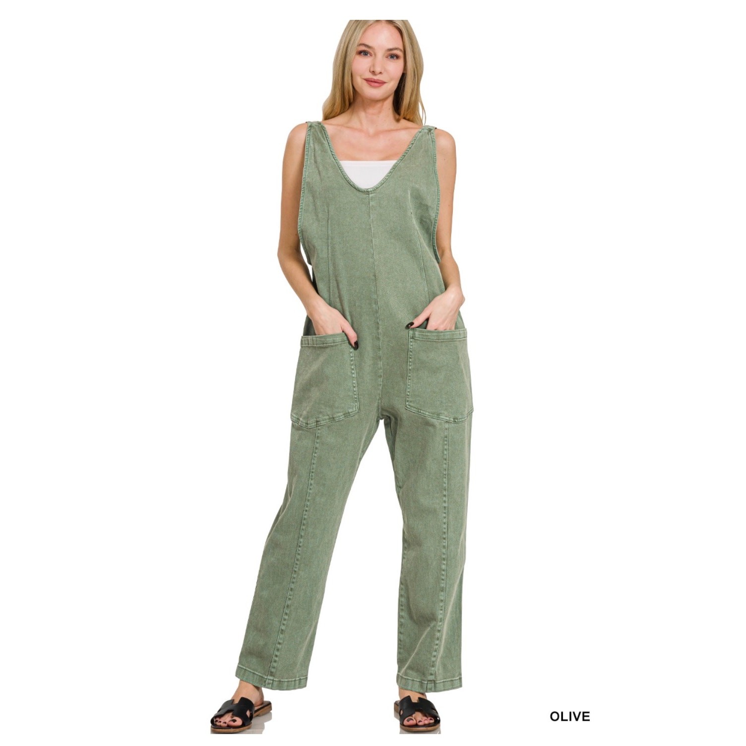 Zenana - Denim Overalls with Adjustable Strap Jumpsuit (Olive) - Small