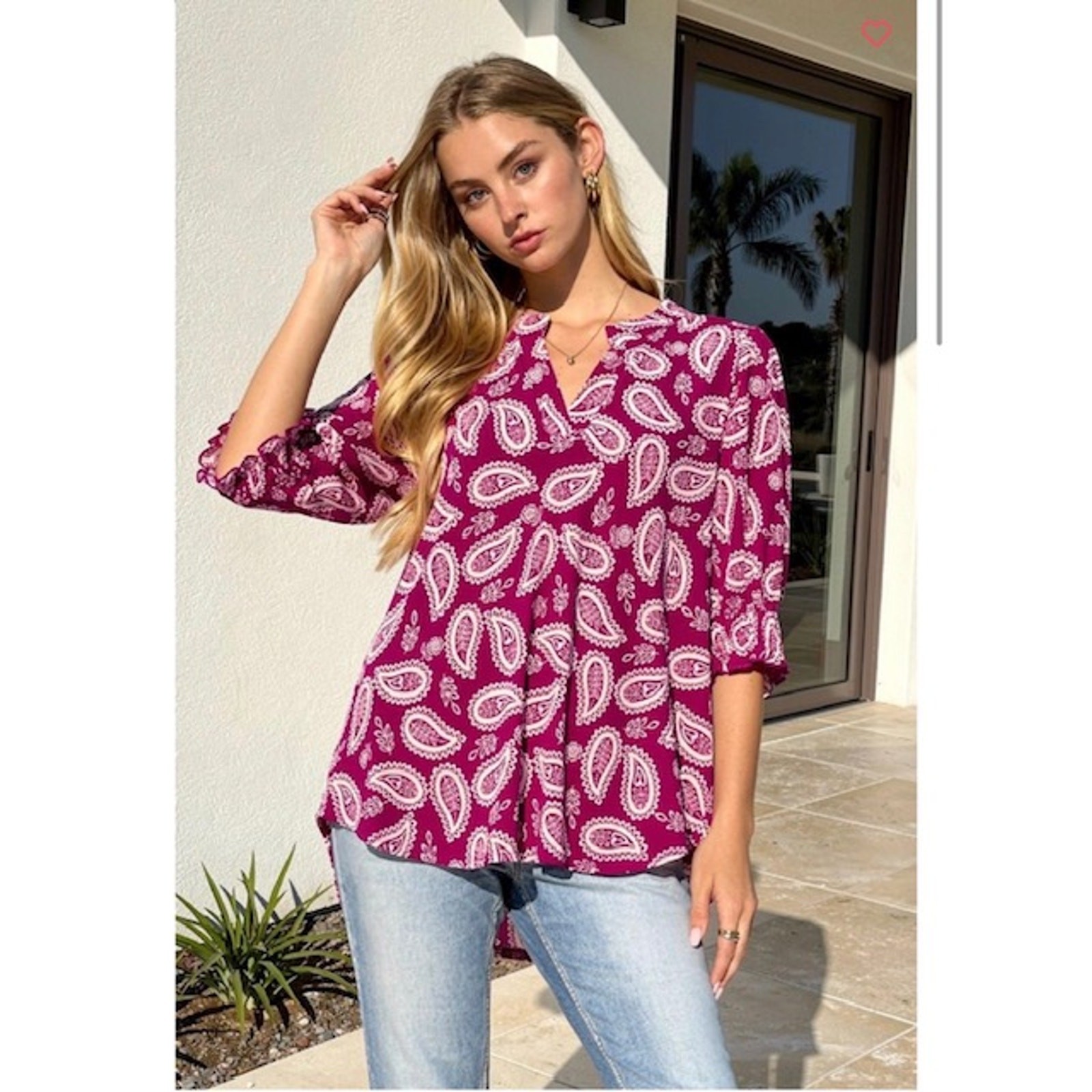 Dear Scarlett - Sangria Surf Paisley Smocked Lizzy Top - Large