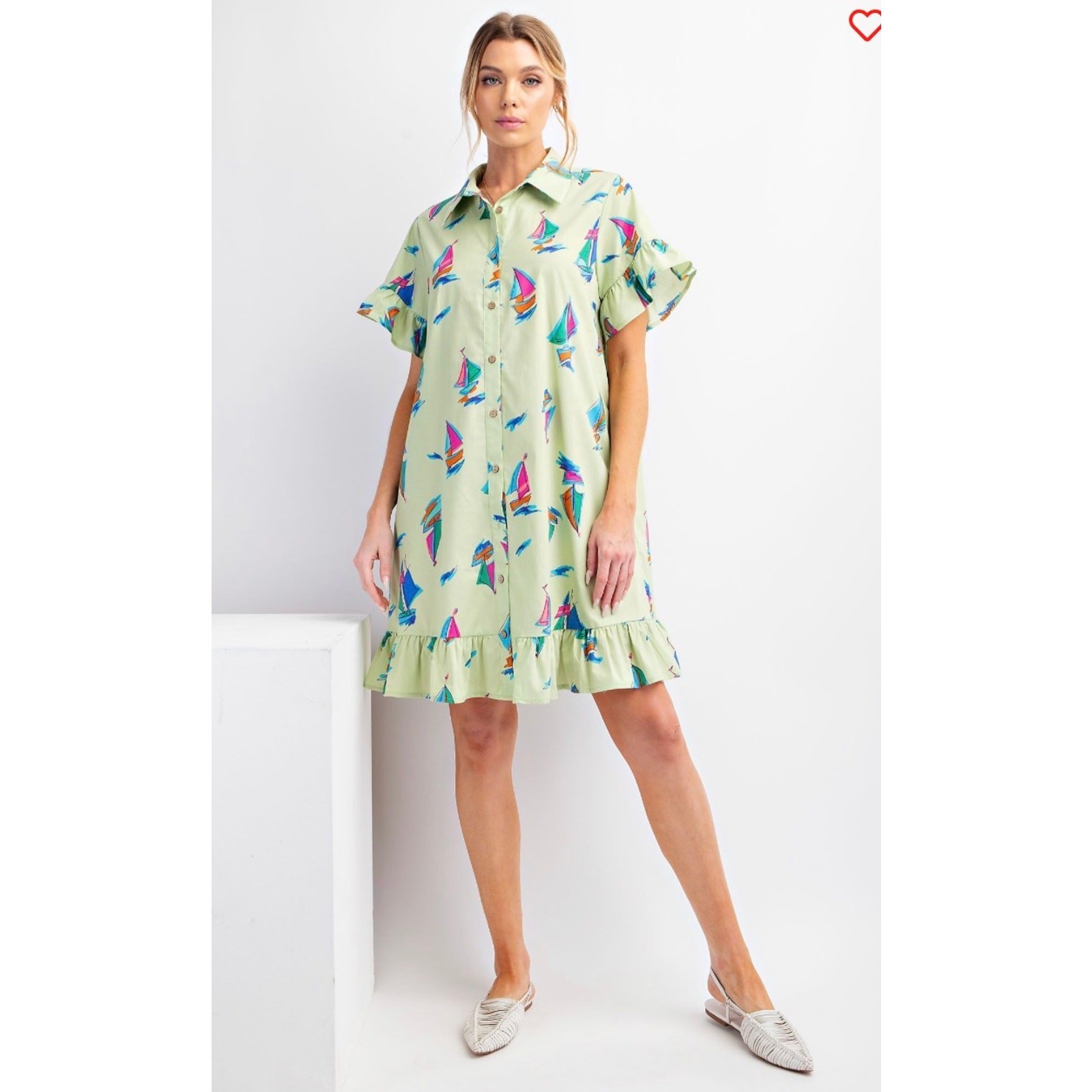 Easel - Sailboat Print Ruffle Shirt Dress - Medium - Image 3