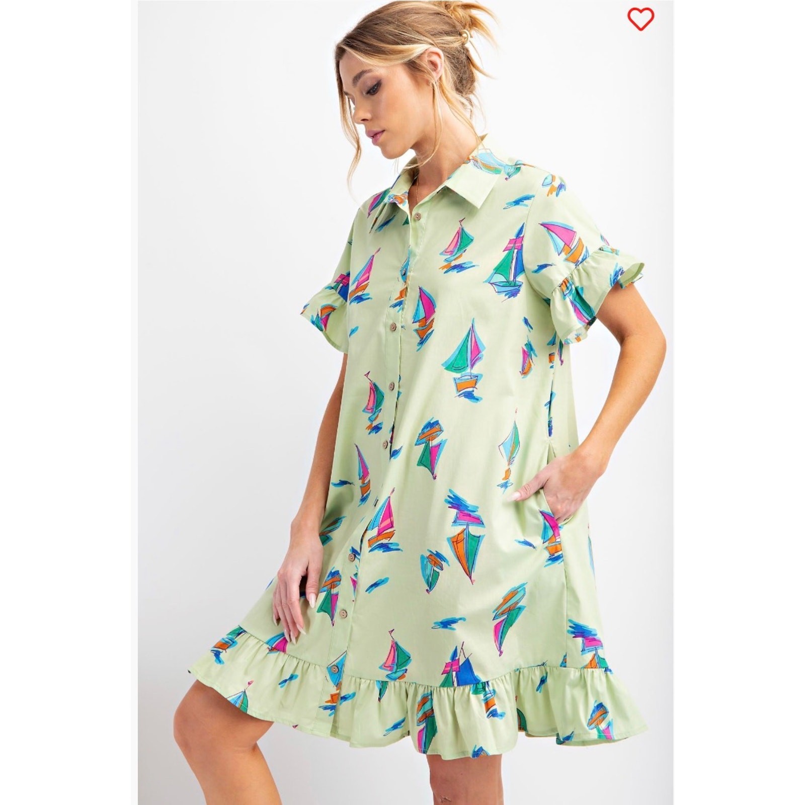 Easel - Sailboat Print Ruffle Shirt Dress - Medium - Image 5