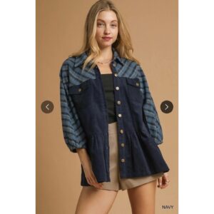 Umgee - Plaid Contrast Corduroy Button Down Shacket - Large