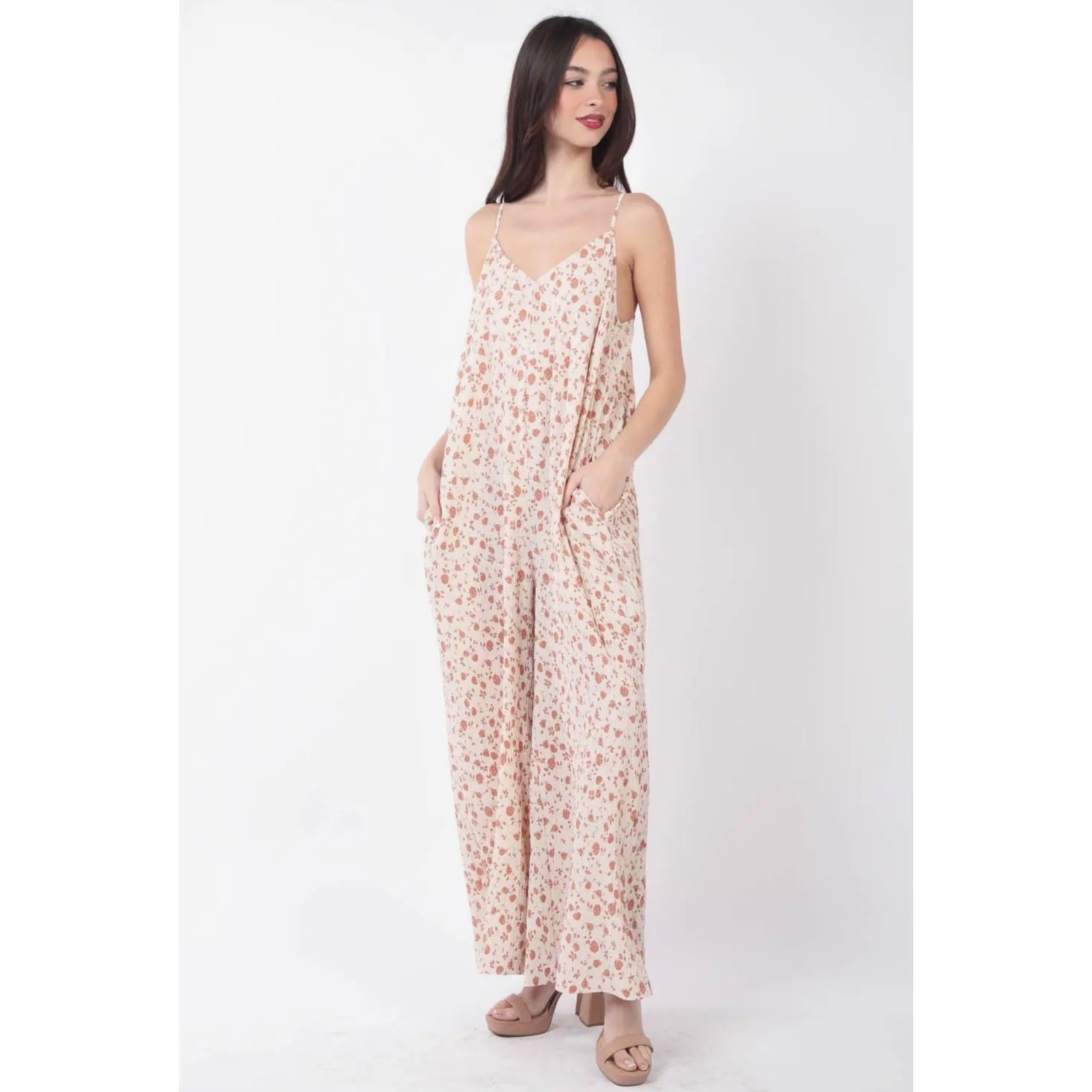 Very J - Black with White Dots Pleated Wide Leg Jumpsuit w/Pockets - Medium - Image 4