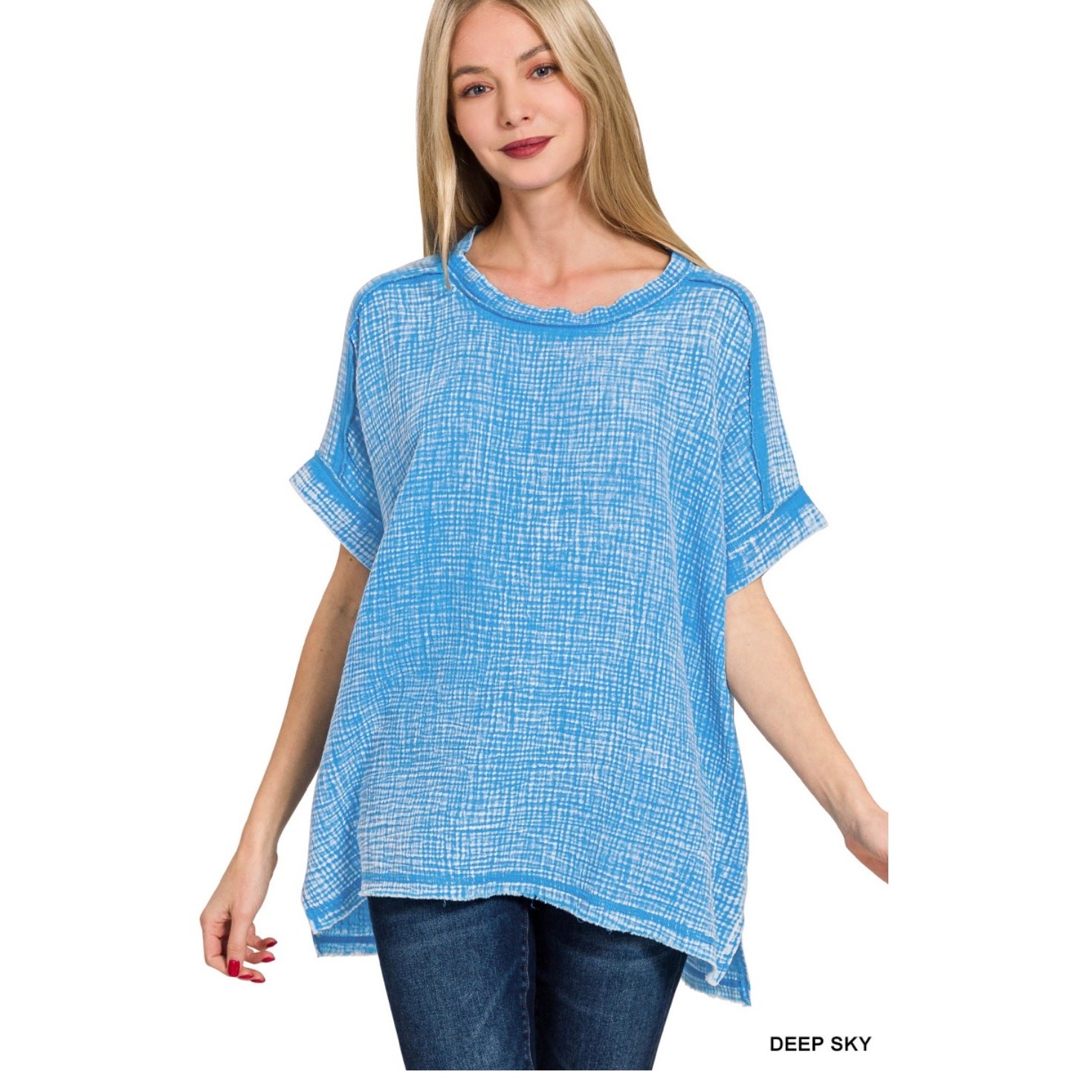 Zenana - Acid Washed Double Gauze Cuffed Short Sleeve Top - Large - Image 3
