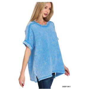 Zenana - Acid Washed Double Gauze Cuffed Short Sleeve Top - Large