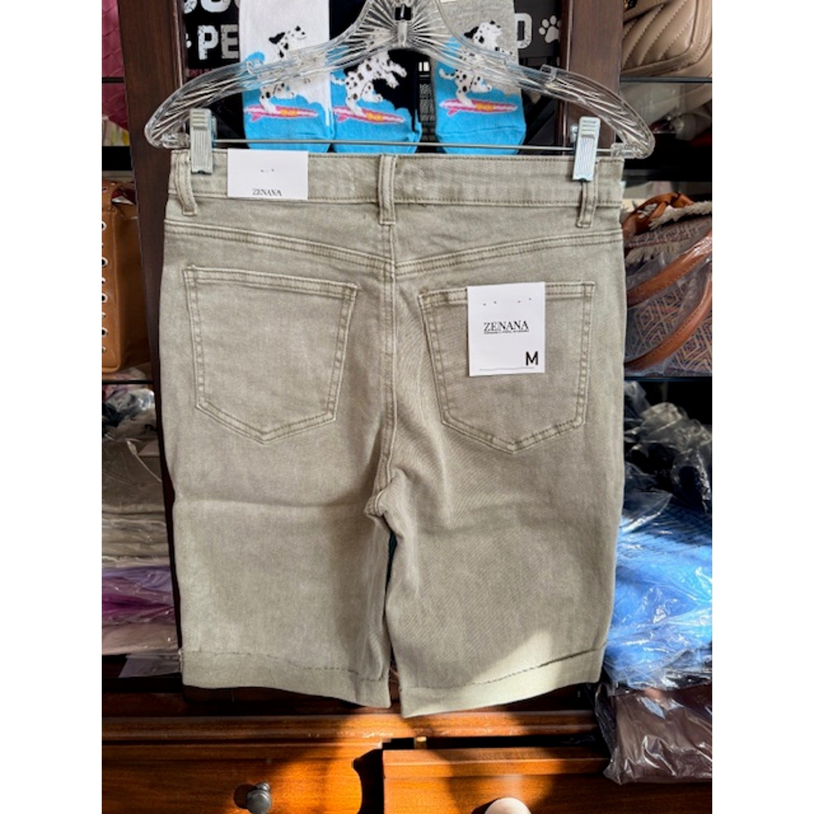 Zenana - Bermuda Jean Shorts Olive Green - Small - Image 5