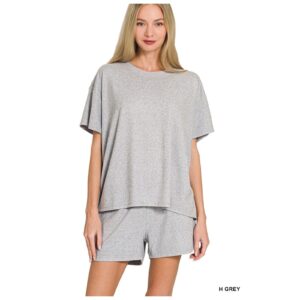 Zenana - Soft Melange Short Sleeve Tee & Shorts Set - Large