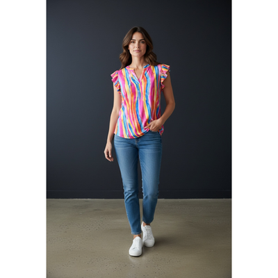 Dear Scarlett - Colorful Flutter Sleeve Lizzy Top - Large