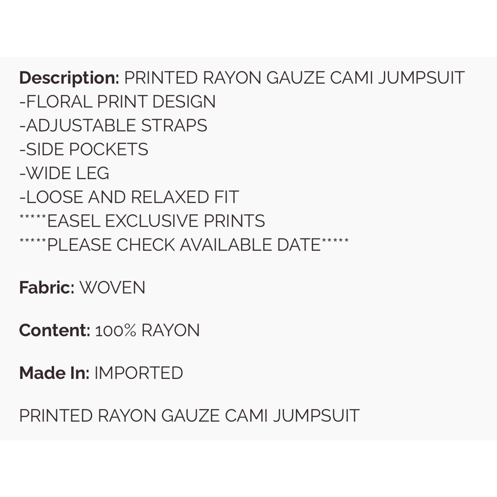 Easel - Printed Rayon Gauze Cami Jumpsuit - Medium - Image 5