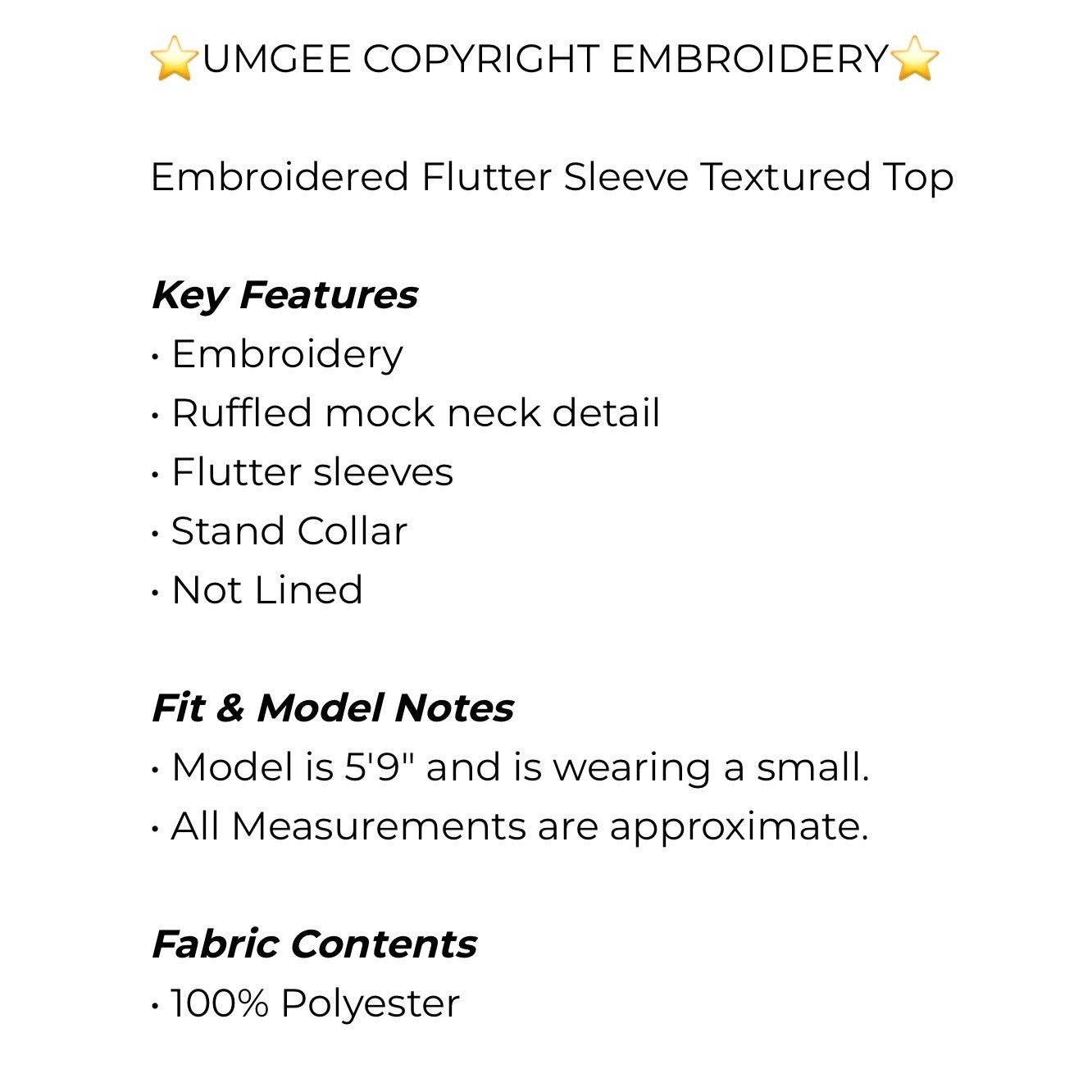 UMGEE Copyright Embroidery Flutter Sleeve Textured Top - Small - Image 7