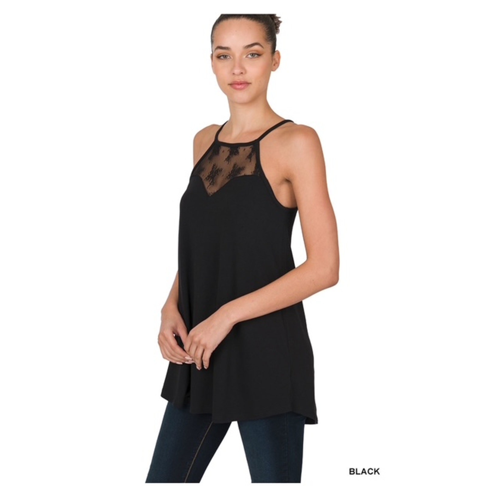 ZENANA - LACE PANELED SLEEVELESS HALTER TOP - Medium