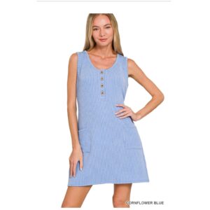 Zenana - Corded Rib Sleeveless Tank Mini Dress with Pockets - Small