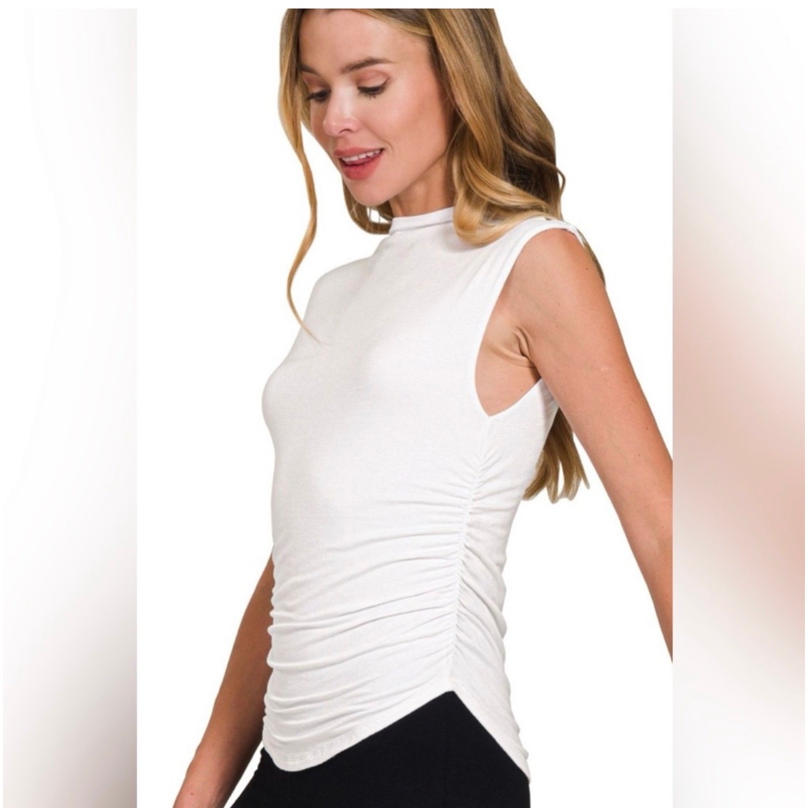 Zenana - Double Layered Ruched Side Mock Neck Top - Medium - Image 3