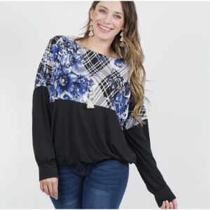 42 Pops - Plus Size Print Color Block Drawstring Top - 2X
