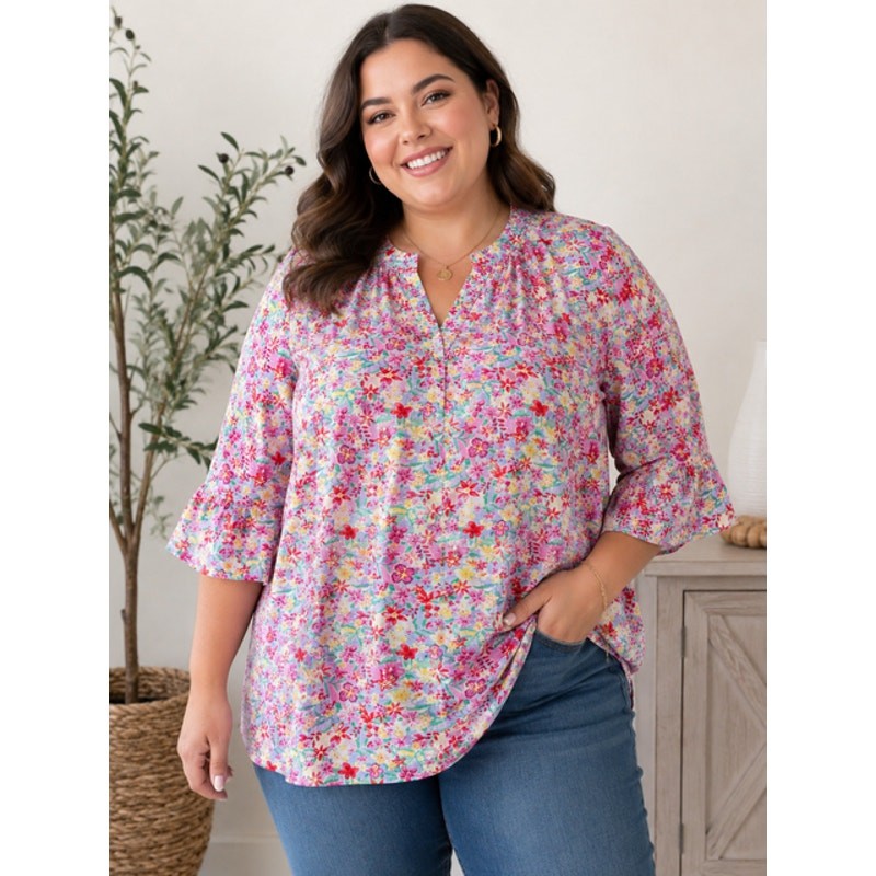 Dear Scarlett - Plus Size Lavender Floral Lizzy Top with Ruffle Sleeve - XL