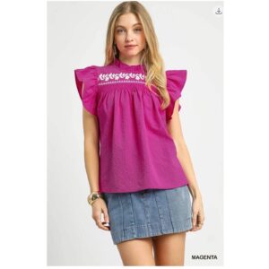 UMGEE Copyright Embroidery Flutter Sleeve Textured Top - Medium