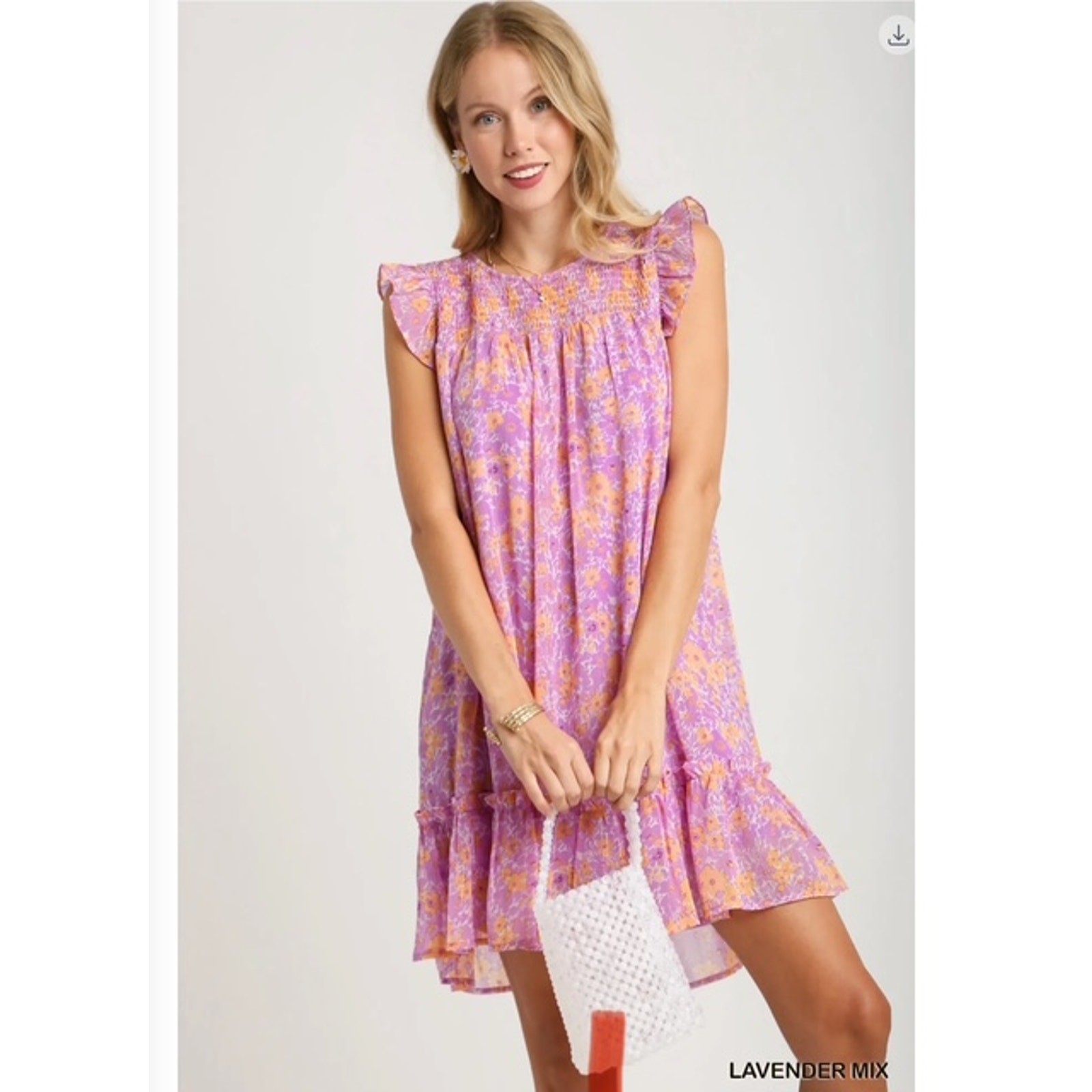 UMGEE - FLORAL METALLIC FLUTTER SLEEVE SRESS W/SMOCKED DETAIL / LINING - Large - Image 3