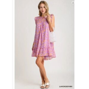 UMGEE - FLORAL METALLIC FLUTTER SLEEVE SRESS W/SMOCKED DETAIL / LINING - Large