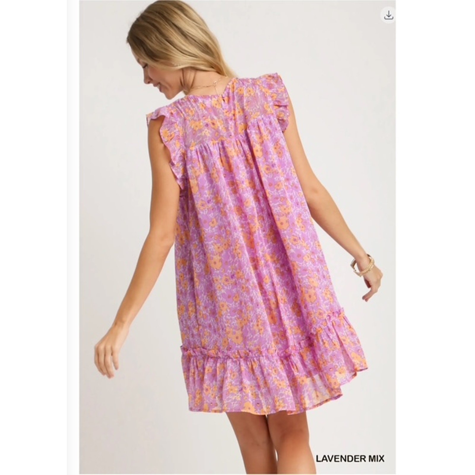 UMGEE - FLORAL METALLIC FLUTTER SLEEVE SRESS W/SMOCKED DETAIL / LINING - Large - Image 5