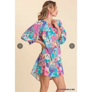 UMGEE - Mixed Print Crochet Trim Ruffle Sleeves Dress - Medium