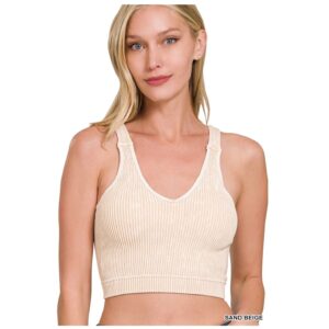 Zenana - Washed Ribbed Seamless Padded Brami - Sand Beige - L/XL