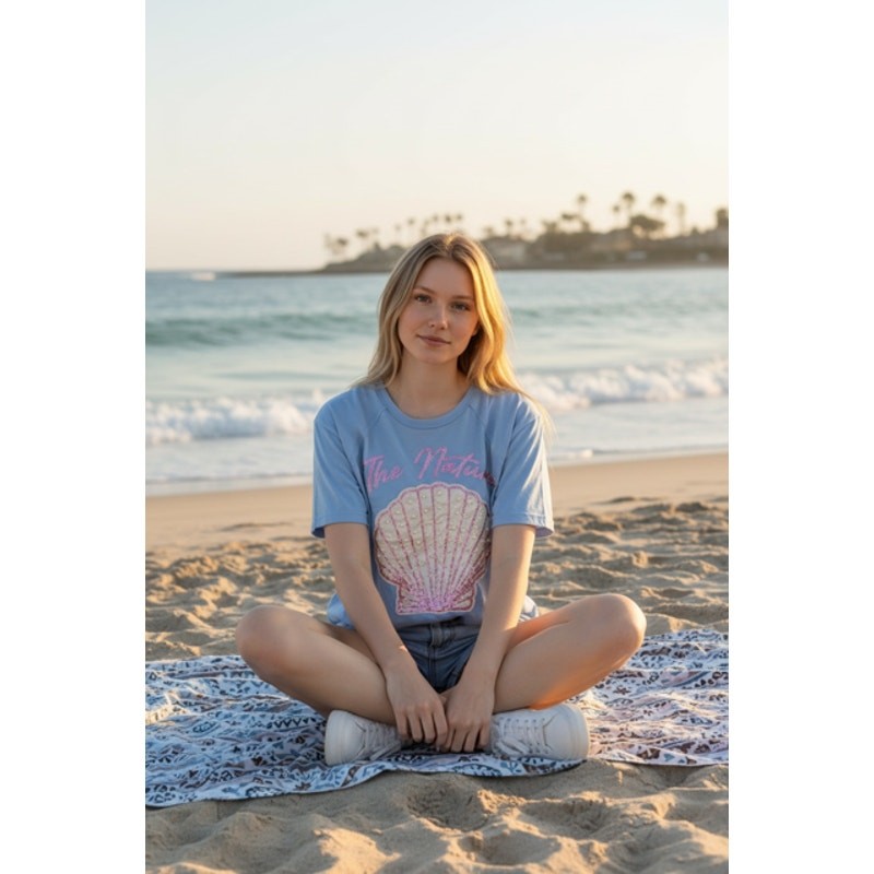 Oceanside Style Blue Shell Tee with Pearls and Sequin - Small - Image 3