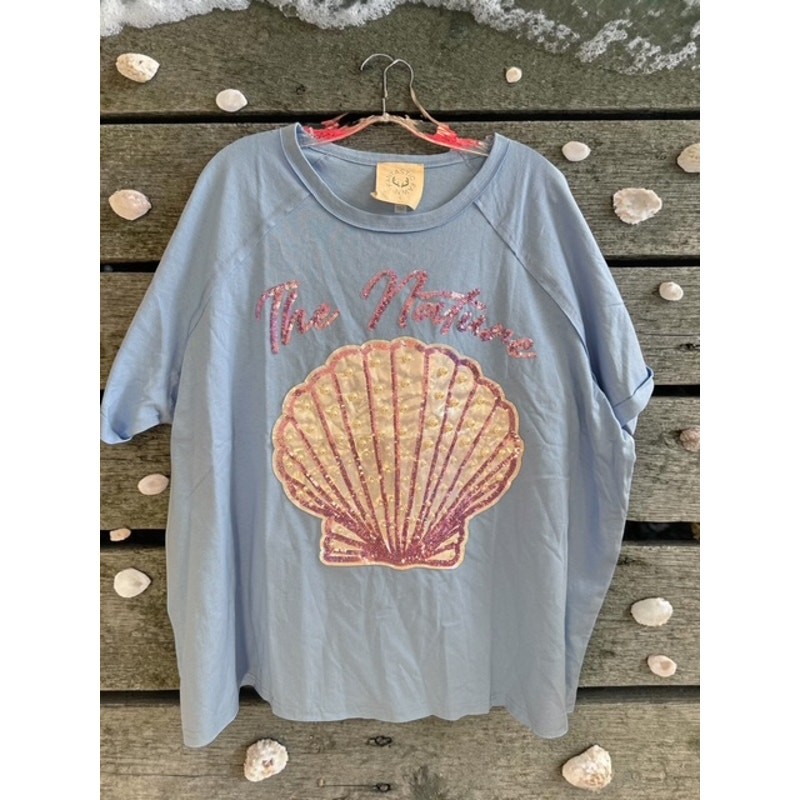Oceanside Style Blue Shell Tee with Pearls and Sequin - Small - Image 4