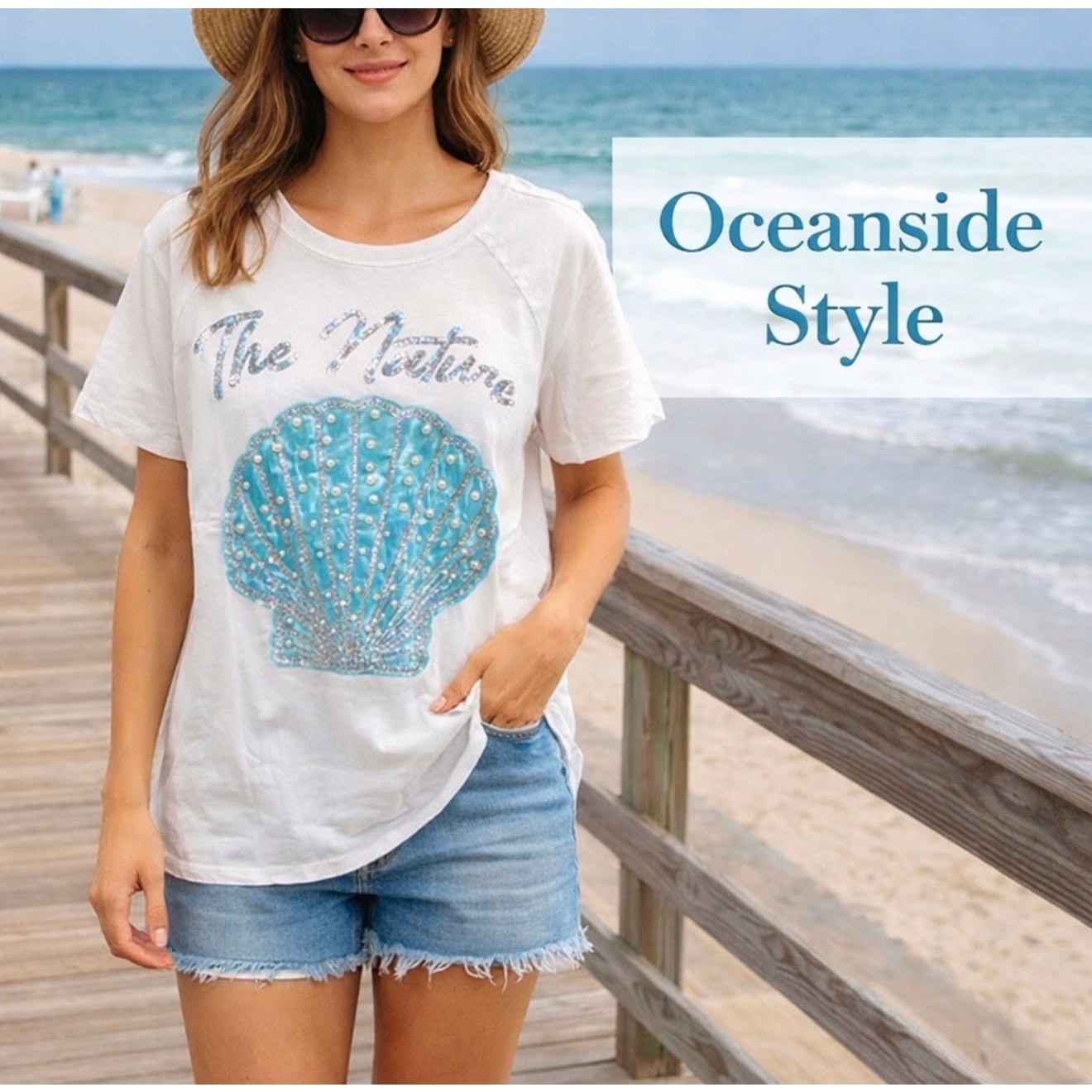 Oceanside Style Blue Shell Tee with Pearls and Sequin - Small - Image 5