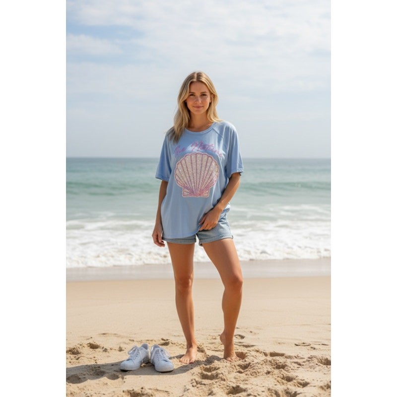Oceanside Style Blue Shell Tee with Pearls and Sequin - Small