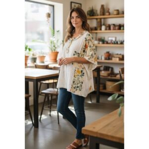 POL - Round Neck Short Sleeve Floral Knit Rib Top - Medium