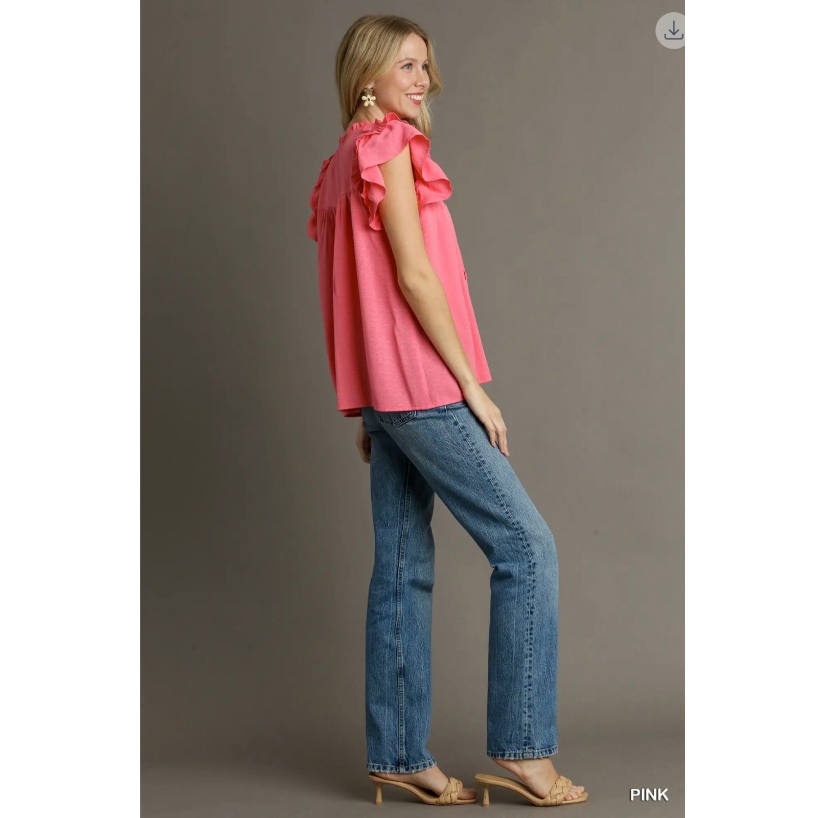 Umgee - Smocked Split Ruffle Neck with Flutter Sleeve Top - Medium - Image 4
