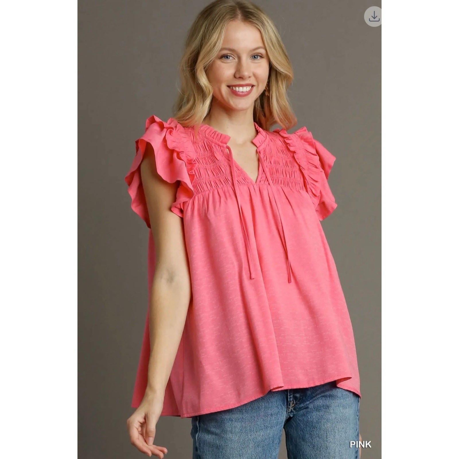 Umgee - Smocked Split Ruffle Neck with Flutter Sleeve Top - Medium