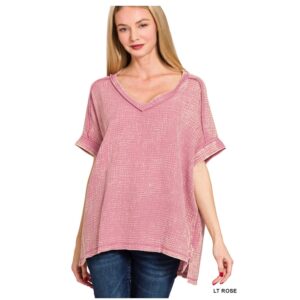 Zenana - Acid Washed Double Gauze V-Neck Cuffed Short Sleeve Top - Small