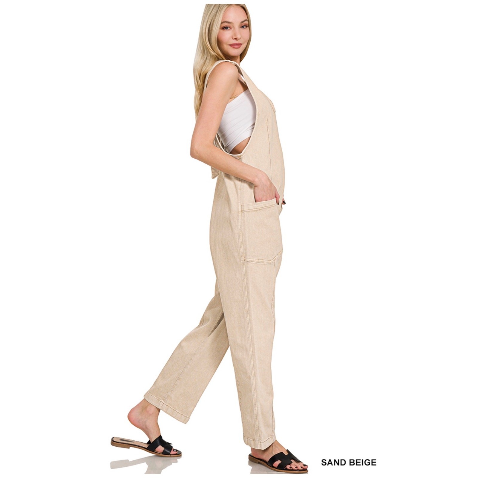 Zenana - Denim Overalls with Adjustable Strap Jumpsuit (SAND BEIGE) - Large - Image 3