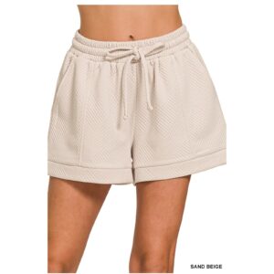 Zenana - Textured Knit Jacquard Drawstring Shorts (Sand Beige) - Medium