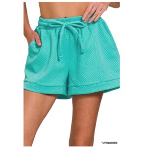 Zenana - Textured Knit Jacquard Drawstring Shorts (Turquoise) - Small