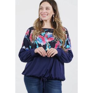 42 Pops - Plus Size Print Color Block Drawstring Top - 2X