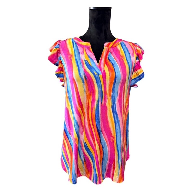 Dear Scarlett - Colorful Flutter Sleeve Lizzy Top - Small - Image 3