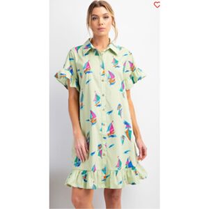 Easel - Sailboat Print Ruffle Shirt Dress - Large