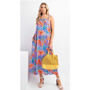 Easel - Tropical Print Mirabelle Satin Maxi Dress - Large